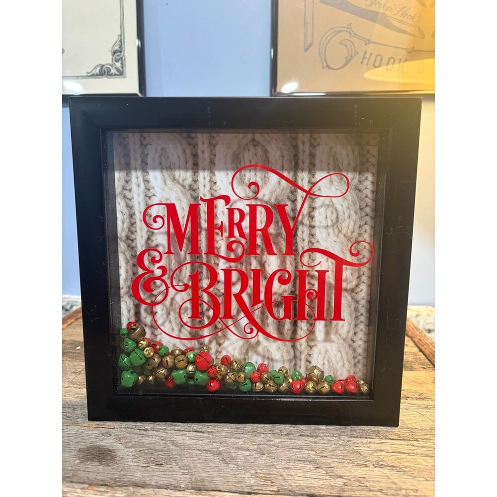 Handmade Merry & Bright Christmas Shadow Box Jingle Bells Holiday Decor